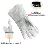 ▶ Guantes de soldador de cuero dividido de vaca resistentes al calor y al fuego, guantes de trabajo de seguridad de cuero de 14 pulgadas para barbacoa, horno, soldador Tig, manejo de jardín y animales (gris)