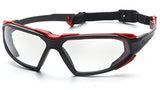 ▶Lentes de seguridad transparentes antivaho con marco negro y rojo Pyramex Highlander -