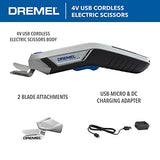 ▶ DREMEL - Tijeras eléctricas inalámbricas recargables USB de 4 V con dos accesorios de cuchilla, cable USB y bloque de alimentación, ideal para cortar tela, cartón y material de papel