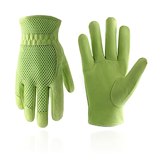 ▶ Handandy  Guantes de jardinería de piel para mujer, ajuste cómodo de malla 3D, mejora la destreza y la transpirabilidad, guantes de trabajo de jardín resistentes a los arañazos para verduras o podar rosas, Verde, Pequeño