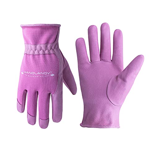 ▶ HANDLANDY Guantes de jardinería de cuero para mujer, malla 3D de ajuste cómodo guantes de jardín (medianos, rosa mejorado)