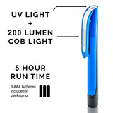 ▶ NEIKO Luz de trabajo de bolsillo | 2 en 1 LED y mini luz de trabajo UV | 200 lúmenes | Base de montaje magnético manos libres | Clip de bolsillo | Pilas AAA incluidas | Detector de manchas de luz negra para mascotas