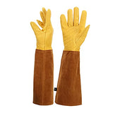 ▶ Guantes de jardinería, guantelete de protección larga para mujeres y hombres, guantes largos de cuero vacuno gruesos duraderos, poda de cactus rosa y arbustos espinosos (dorado, grande)