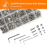 ▶1220 piezas de tornillos de cabeza plana plateada, tuercas planas M2 M3 M4 M5 304 de acero inoxidable Tornillo pernos con 4 llaves hexagonales