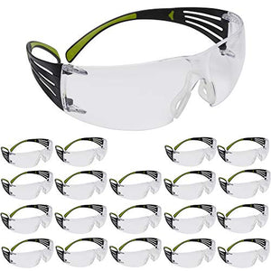 3M Gafas de seguridad, SecureFit, paquete de 20, ANSI Z87, lente transparente antiarañazos, marco verde/negro, patillas flexibles