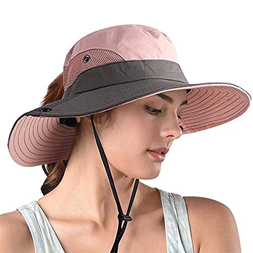 Sombreros de Sol para Mujeres, Mujer Agujero de Cola de Caballo Sombrero Cubo ala Ancha Algodón Sombreros Sol de Verano ala Ancha Protección Solar UV Gorra Ajustable Pesca en la Playa Sombrero