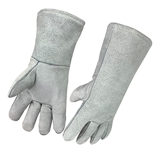 ▶ Guantes de soldador de cuero dividido de vaca resistentes al calor y al fuego, guantes de trabajo de seguridad de cuero de 14 pulgadas para barbacoa, horno, soldador Tig, manejo de jardín y animales (gris)