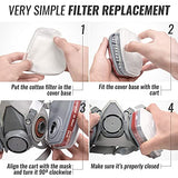 ▶ Máscara respiradora para pintura en aerosol, carpintería, soldadura, polvo y seguridad general con gafas de ojos transparentes, 10 filtros de repuesto, media cubierta con gafas de seguridad