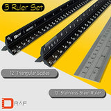 ▶ Juego de regla de escala arquitectónica de 12 pulgadas (imperial) | Herramienta de dibujo triangular de aluminio grabado con láser para Blueprints | Regla de metal estándar incluida