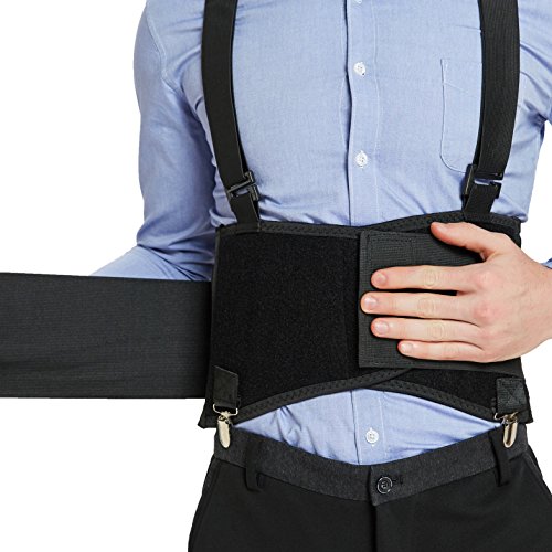 ▶ Cinturón de protección Lumbar  con clips extraíbles para pantalones y tirantes desmontables - Cinturón de apoyo para la espalda - Ajustable, ligero, transpirable, fundas de hombro - Trabajo, postura - Negro (talla XL)