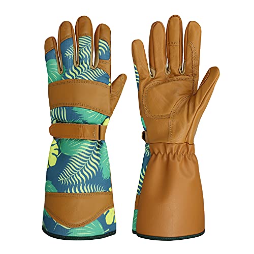▶ Guantes de jardinería  para mujer con piel de vacuno de grano para trabajo en el patio (puños largos y medianos)