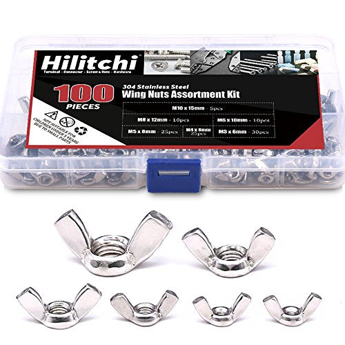 💢 Hilitchi 100 piezas M3 M4 M5 M6 M8 M10 Wingnut Butterfly Wing Tuercas Surtido Kit de surtido de tuercas de mariposa de acero inoxidable 304