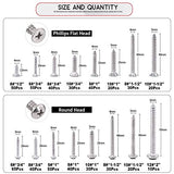 💢  Hilitchi Juego de 570 tornillos de cabeza plana redonda de acero inoxidable Phillips M 3 4 5 6