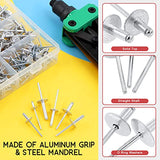 💢 Hilitchi Kit de pistola de remache manual de 262 piezas con 3 cabezales intercambiables (3 piezas nasales) y 260 remaches en 7 tamaños, herramienta de remache manual de dos manos resistente para plástico, metal, cuero, vehículo