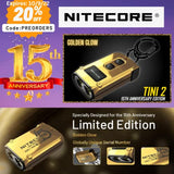 Nitecore TINI-2 SS - Llavero de acero inoxidable de doble núcleo USB-C recargable LED dorado brillante - 500 lúmenes