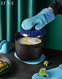 ▶ Guantes ignífugos Guantes de horno de silicona, resistentes al calor, juego de manoplas de cocina antideslizantes con mini guantes de horno y almohadillas calientes, perfectos para hornear, forro acolchado, caja de regalo, azul y azul