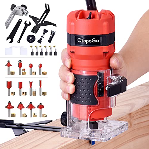 Herramienta Carpintería compacta de madera para fresar palmeras de mano recortadora de bordes de carpintería, herramienta de corte de palmming 30000R/min 800W 110V con 12 brocas de enrutador de 1/4