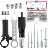 💢 Hilitchi Kit de adaptador profesional de pistola de remache con 210 remaches surtidos de aluminio M3 M4 M5, 4 pernos de boquilla a juego, llave y accesorio de sujeción para taladro inalámbrico, trabajo de chapa metálica