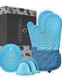 ▶ Guantes ignífugos Guantes de horno de silicona, resistentes al calor, juego de manoplas de cocina antideslizantes con mini guantes de horno y almohadillas calientes, perfectos para hornear, forro acolchado, caja de regalo, azul y azul