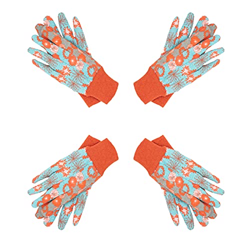 ▶HANDLANDY Guantes de jardín de algodón para mujer, 4 pares de guantes de jardinería suaves con puntos de PVC, guantes de trabajo florales para patio (L, naranja)