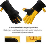 ▶ Guantes de soldador  piel resistentes al calor y al fuego con costuras de Kevlar, guantes perfectos para soldadura/horno/parrilla/barbacoa/chimenea/estufa/soporte para ollas/soldadora/manipulación de animales, (14 pulgadas-negro)
