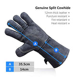 ▶ Guantes de soldador de forja resistentes al calor de 144 pulgadas de cuero vacuno – manga larga y forro de parrilla aislado para soldador Tig/Mig/Barbacoa/Huevo Verde/Estufa Gris
