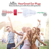 Tapones para los oídos LiveMus!c HearGreat - Tapones de alta fidelidad para oídos, músicos, conciertos, bateristas, percusiones, DJ, clubes, motociclistas - Reutilizables, cómodos, Protección 27 dB SNR, estuche mejorado de tubo más grande