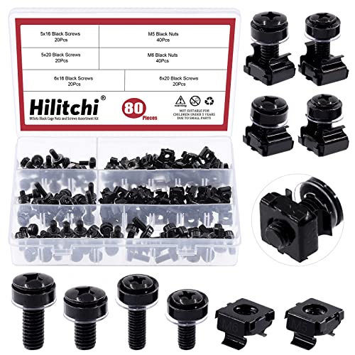 💢  Hilitchi Juego surtido de 81 tuercas de jaula de montaje en rack negro M5 M6, tuercas de jaula de montaje en rack, tornillos y arandelas, tornillos de estante con arandelas,