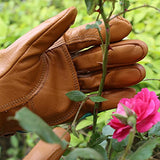 ▶ Guantes de jardinería  para mujer con piel de vacuno de grano para trabajo en el patio (puños largos y medianos)