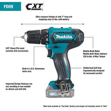 ▶ MAKITA Taladro de iones de litio inalámbrico 3/8 pulgadas Driver-Drill Kit (2.0 Ah) Makita FD09R1 12 V Max CXT®