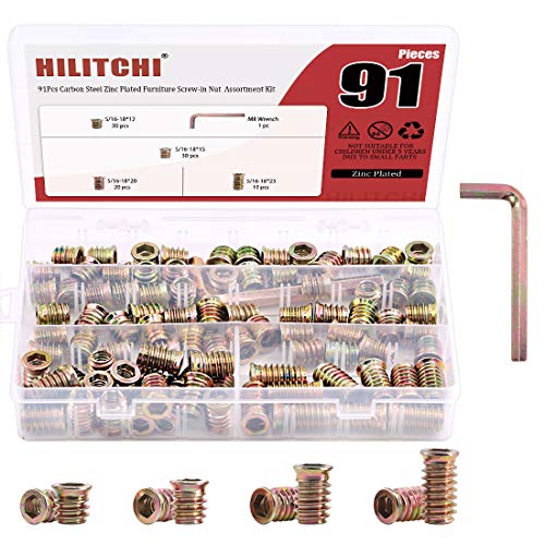 💢  Hilitchi 90Pcs Furniture Screw in Nut Threaded Wood Inserts Bolt Fastener Connector Hex Socket Drive Insert Nuts for Wood Furniture with Bonus Hex Spanner (5/16