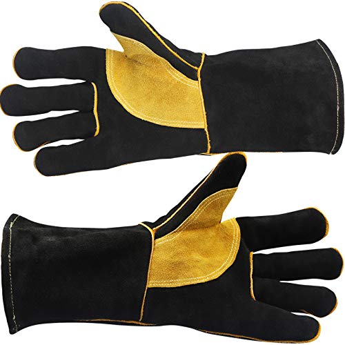 ▶Guantes de soldador, de piel, resistentes al calor, resistentes al fuego, con costuras de Kevlar, resistentes al calor, para soldar, horno, parrilla, barbacoa, chimenea, estufa, soporte para ollas, soldador, 40,6 cm