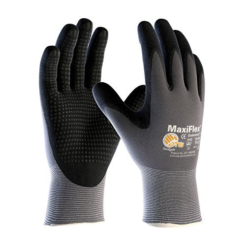 ▶ Guantes de agarre  Guantes de trabajo de nailon sin costuras con agarre recubierto de nitrilo en la palma y los dedos, tallas S a XL (grande), negro y gris (34-844 – grande – 3 unidades)