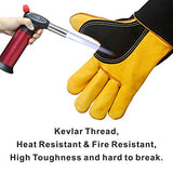 ▶ Guantes de soldador  piel resistentes al calor y al fuego con costuras de Kevlar, guantes perfectos para soldadura/horno/parrilla/barbacoa/chimenea/estufa/soporte para ollas/soldadora/manipulación de animales, (14 pulgadas-negro)