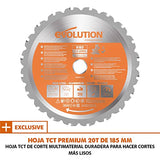 Ingletadora Evolution Power Tools R185SMS+ con corte multimaterial, bisel de 45 grados, inglete de 50 grados, guía de 210 mm, hoja incluida corta madera, plástico, metal y más (1500 W, 230 V, 185 mm)