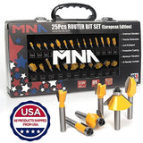 ▶ Juego de brocas de fresador de 25 piezas de 1/4 pulgadas, kit de brocas de enrutador de edición europea, herramientas tradicionales para carpintería, caja de aluminio