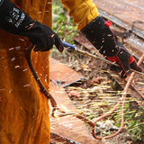 ▶ Guantes de soldador de forja de cuero, resistentes al calor y al fuego, guantes para Tig, Mig, barbacoa, horno, parrilla, chimenea, hornear, horno, estufa, soporte de ollas, soldador, guante de manejo de animales. Negro - 16 pulgadas