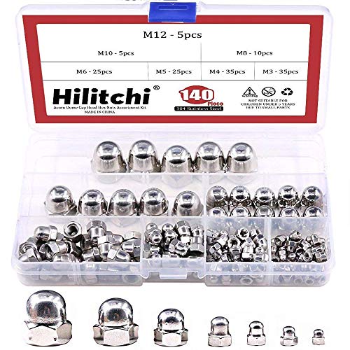 ▶ Hilitchi 140-pcs M3 M4 M5 M6 M8 M10 M12 Acorn Dome Cap Head Kit Surtido de tuercas hexagonales de acero inoxidable 304