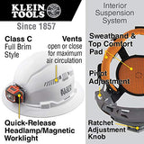 ▶ KLEIN TOOLS  Casco Duro, Ligero, Estilo de ala Completa ventilada, Acolchado, autoabsorbente, Resistente al Olor, Color Blanco