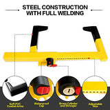 ▶ Bloqueo de abrazadera de rueda de seguridad para neumáticos, bloqueo antirrobo, máximo de 15.5 pulgadas de ancho y alcance de 8.5 pulgadas, ajuste universal, remolques, SUV, barcos, ATV, motocicletas, carrito de golf, bloqueo de rueda amarillo/negro