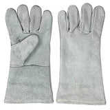 ▶ Guantes de soldador de cuero dividido de vaca resistentes al calor y al fuego, guantes de trabajo de seguridad de cuero de 14 pulgadas para barbacoa, horno, soldador Tig, manejo de jardín y animales (gris)