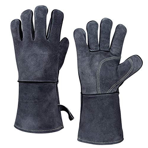 ▶ Guantes de soldador de forja resistentes al calor de 144 pulgadas de cuero vacuno – manga larga y forro de parrilla aislado para soldador Tig/Mig/Barbacoa/Huevo Verde/Estufa Gris