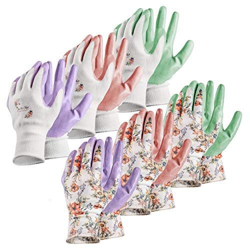▶ Guantes de jardinería  de Poliester Floridos de Jardin con Revestimiento de Nitrilo, Guantes para Mujeres, Varios Colores, 6 Pares, Mediano