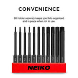 ▶ NEIKO Juego de brocas Torx de 11 piezas, tamaños TT6 a TT40 | Puntas Torx magnéticas a prueba de manipulaciones | 3 vástagos de liberación rápida | Acero S2 de alta calidad | Compatible con taladros eléctricos y atornilladores de impacto