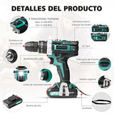 ▶ Juego de Taladro Eléctrico Inalámbrico con Dos Baterías de Litio de 3.0Ah, LED Incorporado, 2 Velocidades Variables de 3/8'', Impacto de Mandril sin Llave, 25 + 1 Embrague, Cargador Rápido para Mejoras en el Hogar y Proyectos de Bricolaje, 29 Piezas
