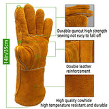 ▶ Guantes de soldador resistentes al calor y al fuego, guantes de trabajo de seguridad de cuero de 14 pulgadas para barbacoa, horno, soldador Tig, jardín y manipulación de animales