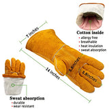 ▶ Guantes de soldador resistentes al calor y al fuego, guantes de trabajo de seguridad de cuero de 14 pulgadas para barbacoa, horno, soldador Tig, jardín y manipulación de animales