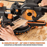 Ingletadora Evolution Power Tools R185SMS+ con corte multimaterial, bisel de 45 grados, inglete de 50 grados, guía de 210 mm, hoja incluida corta madera, plástico, metal y más (1500 W, 230 V, 185 mm)