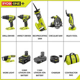 ▶ RYOBI  Juego de herramientas de iones de litio P1819 18V One+ (6 herramientas: taladro, destornillador de impacto, sierra de vaivén, sierra circular, multiherramienta, luz de trabajo LED, batería de 4.0 Ah y 1.5 Ah, cargador y bolsa) de Ryobi
