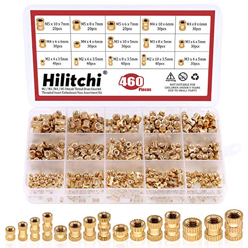 💢 Hilitchi - Kit de inserción de latón moleteado hembra para insertar piezas o encajar en agujeros para impresiones 3D y más proyectos, Kit surtido de 460 piezas.